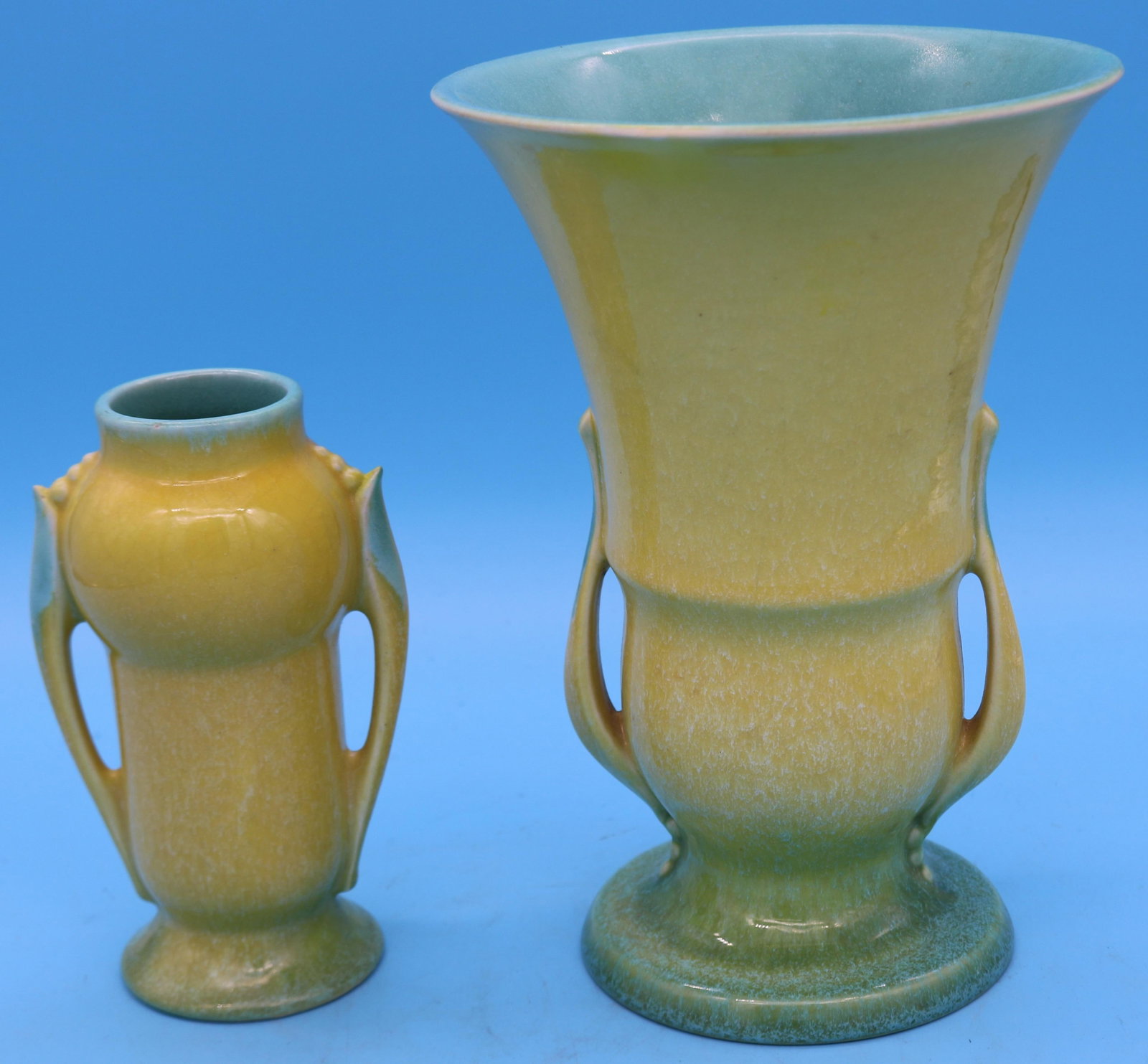 2 ROSEVILLE VASES, ORIAN 1935, 9 1/2" & 6 1/2" H,: NO DAMAGE, TALL VASE SHOWS MINOR ROUGHAGE TO BASE