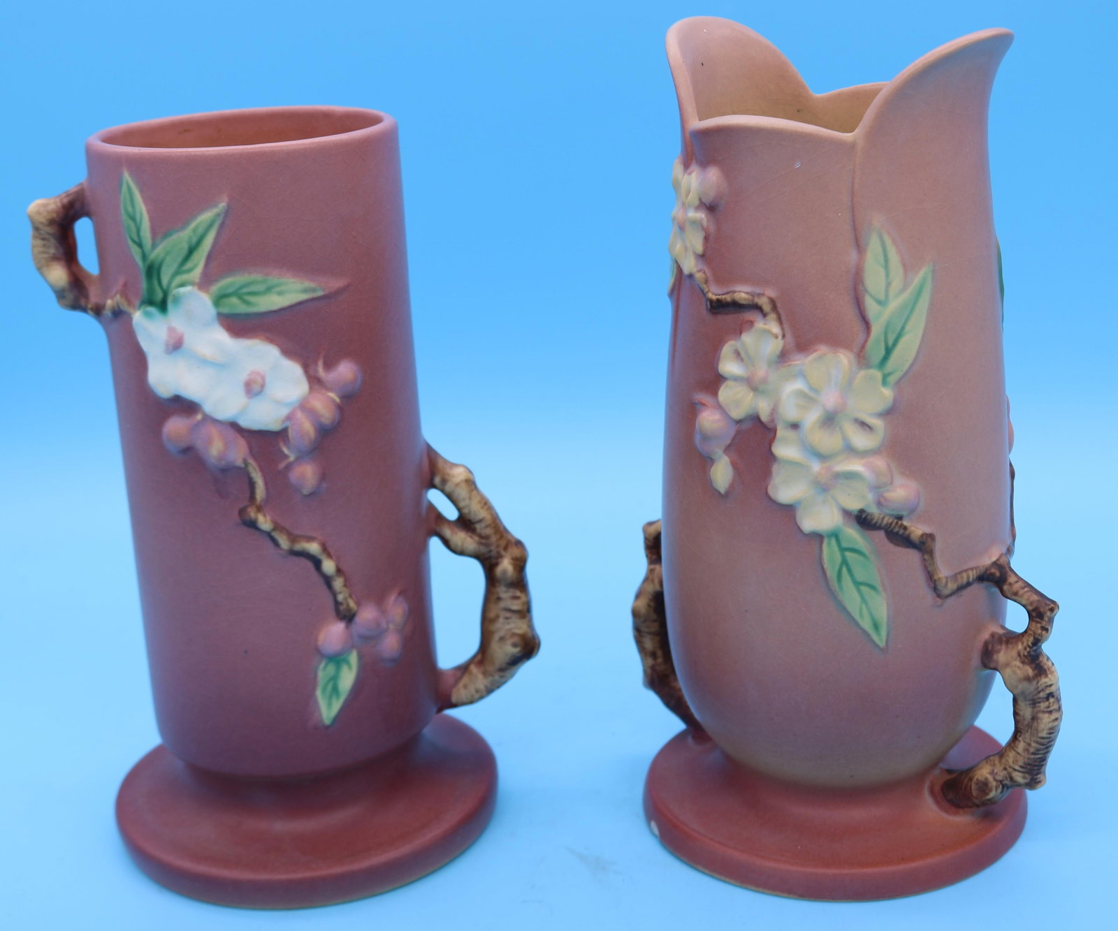 2 APPLE BLOSSOM VASES, 1948, #389-10", GLAZE: FLAKE TO BASE, #387-9", BOTH WITH BRANCH HANDLES