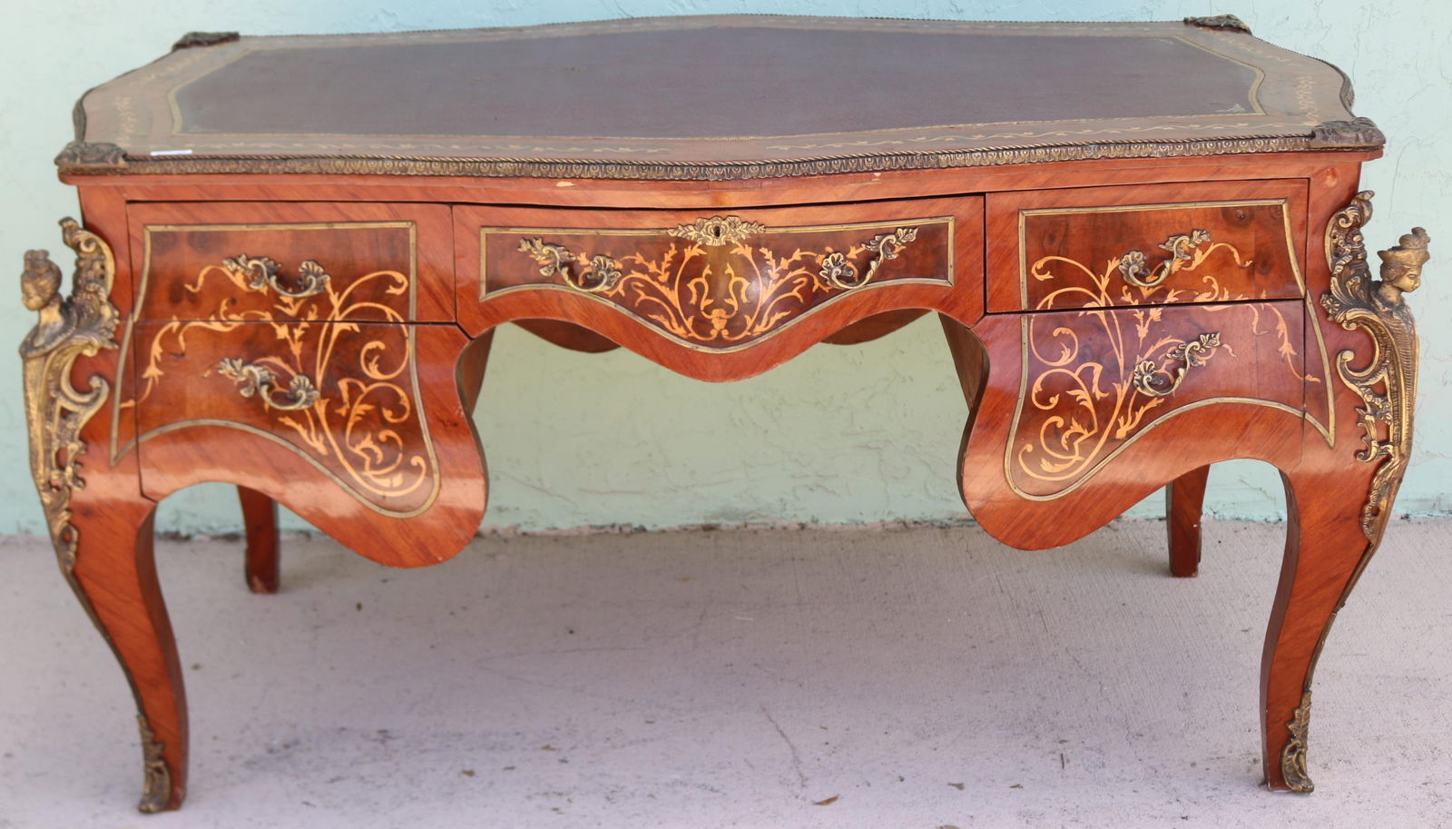 ORNATE FRENCH STYLE WRITING DESK, BOMBE SIDES, (1 of 3)