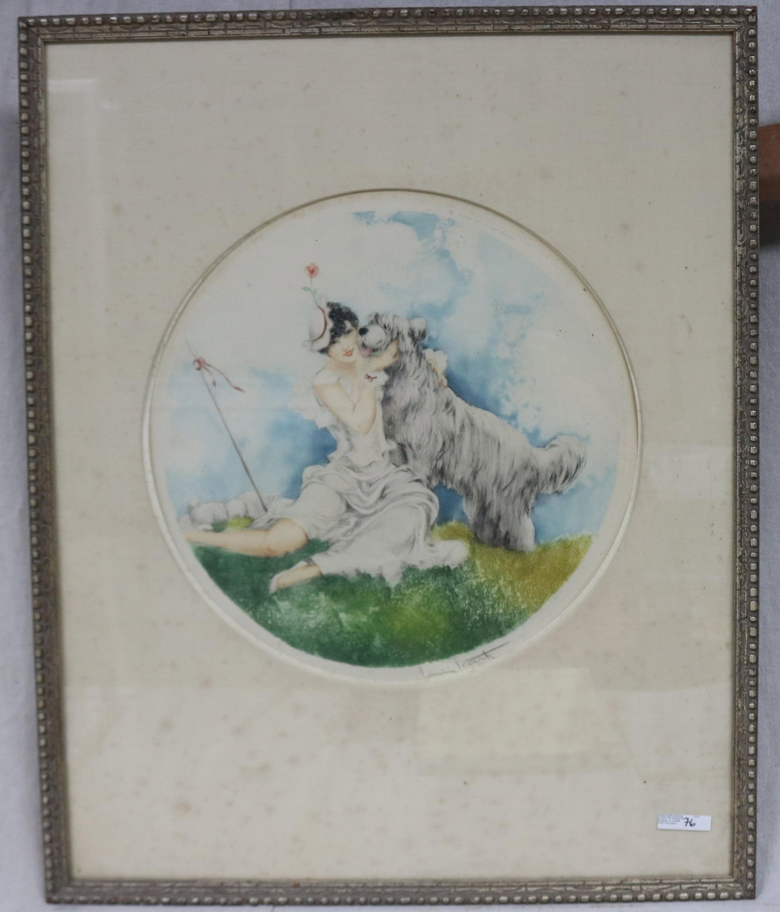 LOUIS ICART; 1888-1950, LADY WITH DOG, ARTIST: SIGNED, WINDMILL STAMP, 15" DIA., SIGHT 29" X 23 1/2" OVERALL MATTE, SHOWS FOXING