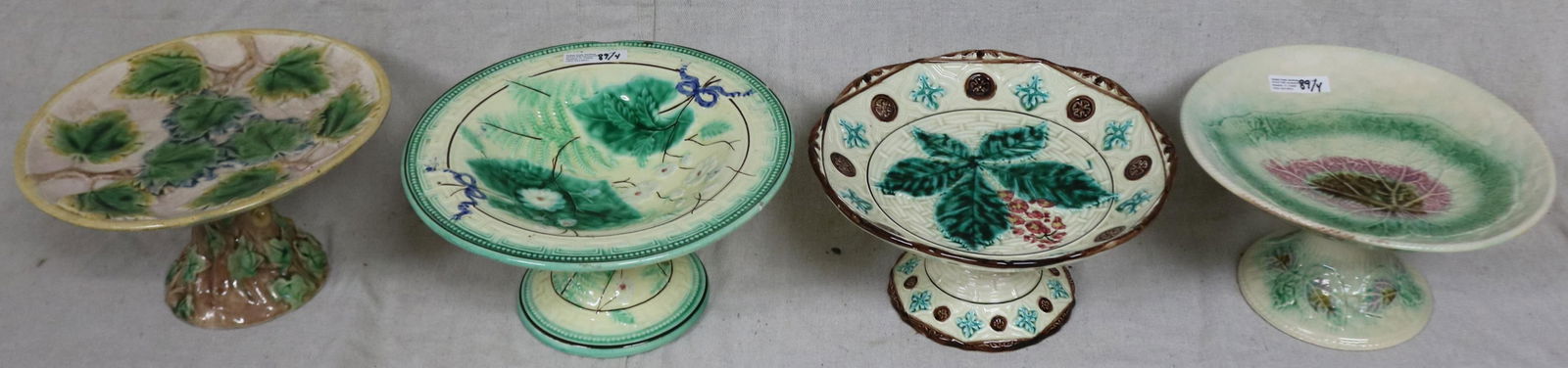 FOUR 19TH C. MAJOLICA COMPOTES, LEAF DESIGNS, 4 (1 of 6)