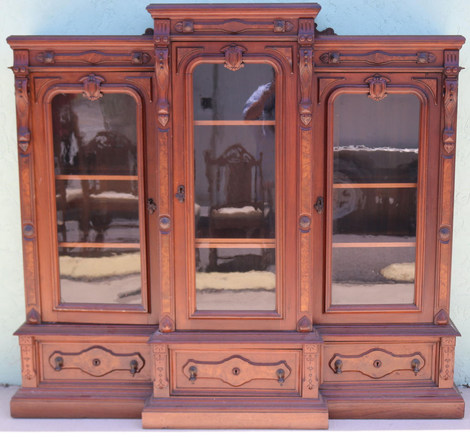 VICTORIAN WALNUT 3 DOOR BOOKCASE, RENAISSANCE (1 of 1)