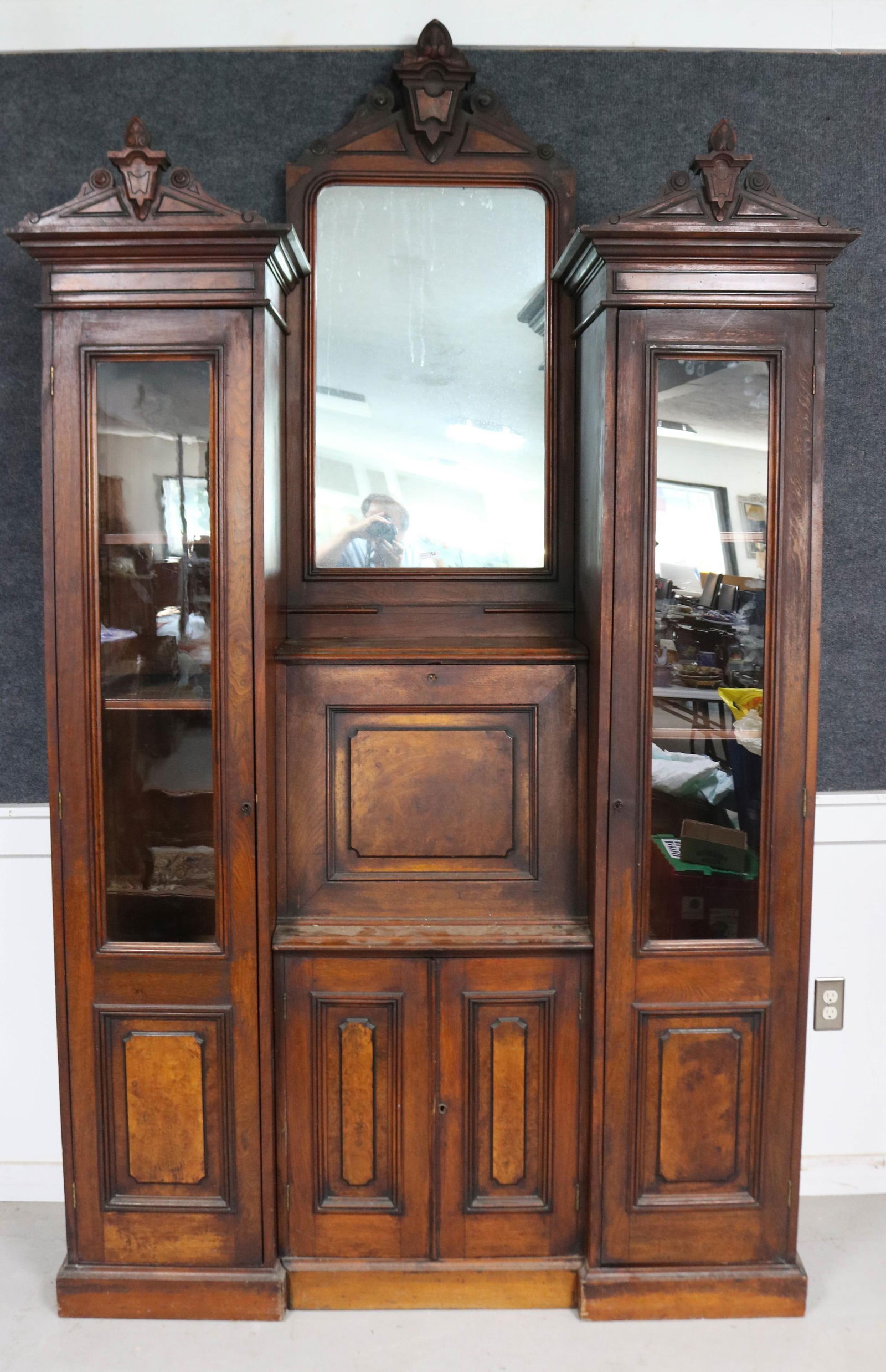 VICTORIAN WALNUT BOOKCASE DESK, BURL PANELS, (1 of 2)
