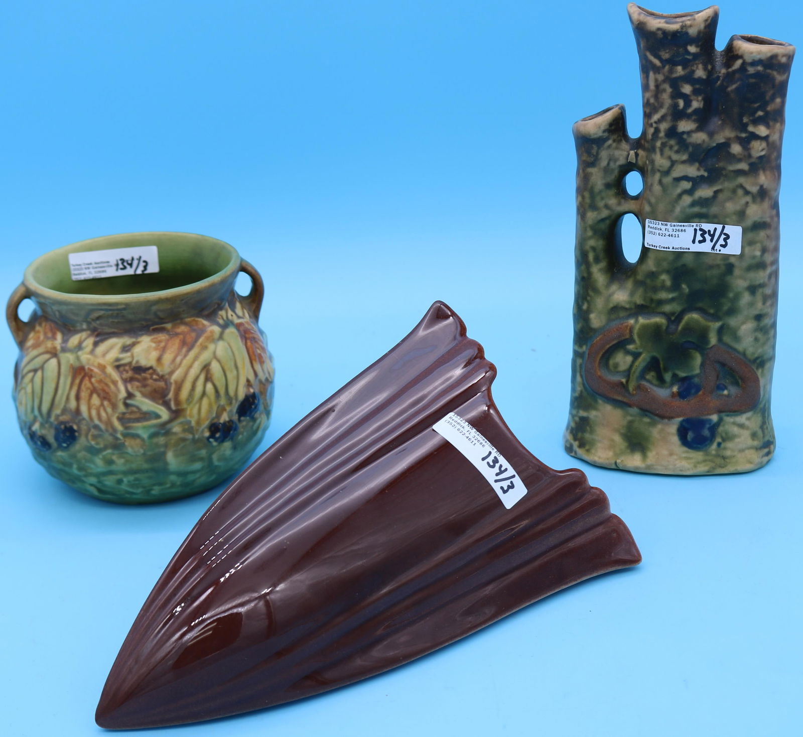 3 PCS. UNUSUAL ROSEVILLE; IMPERIAL I TRIPLE VASE (1 of 2)