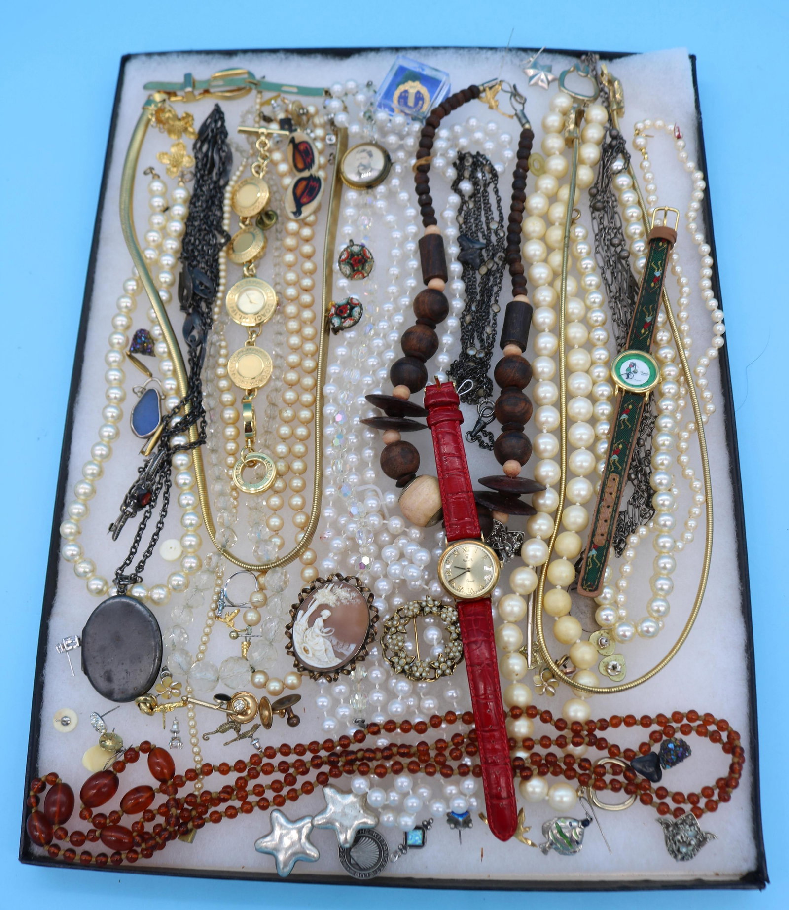TRAY LOT COSTUME JEWELRY & 14K WATCH, CAMEO,: LOCKET, NECKLACES, ETC.
