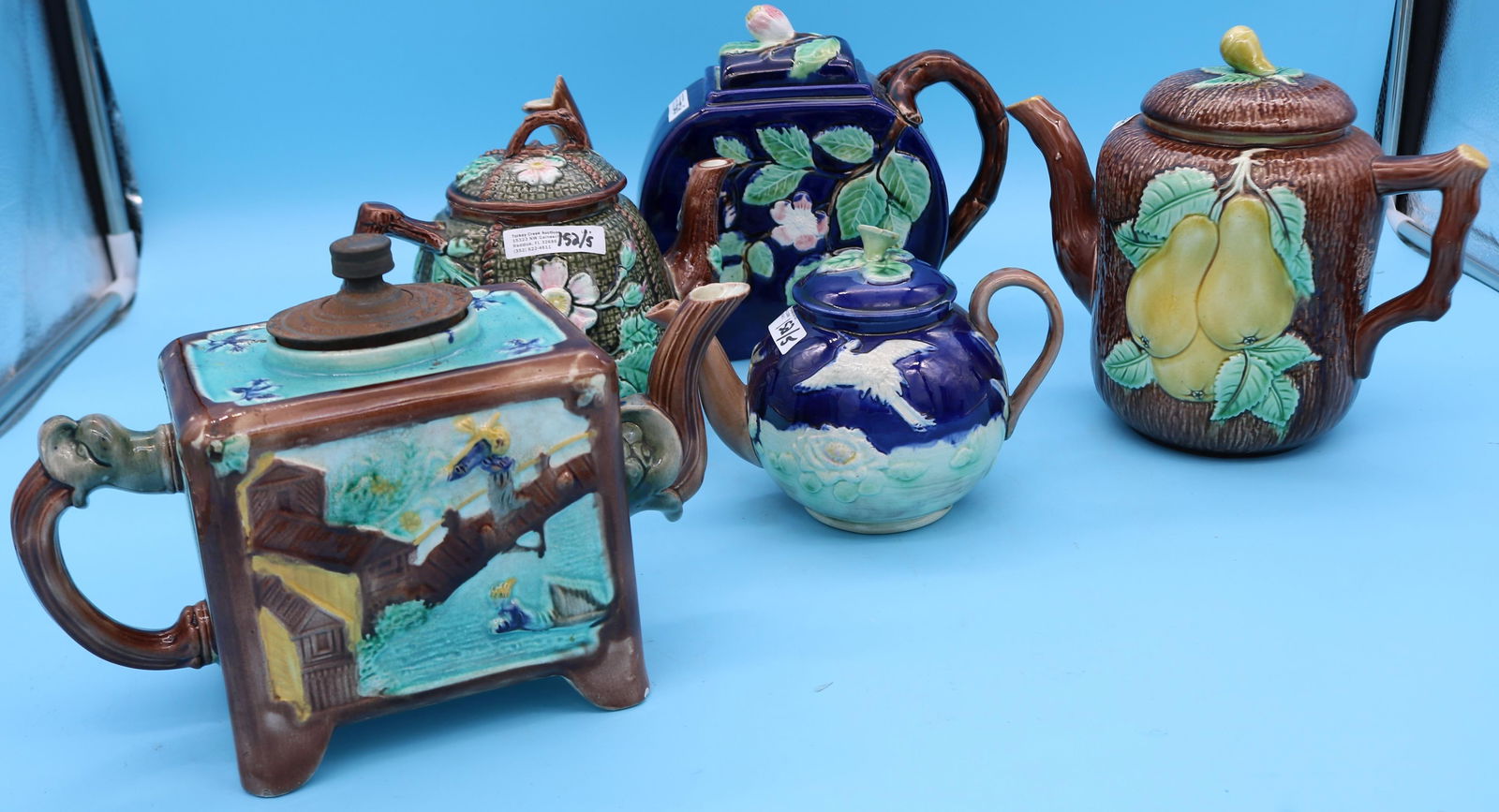 FIVE 19TH C. MAJOLICA TEA POTS; PEARS, FLOWERS, (1 of 3)