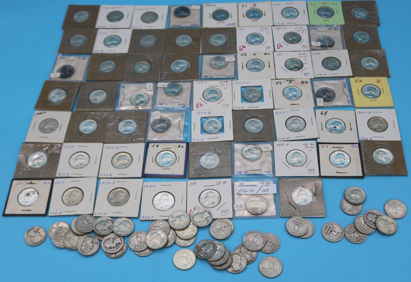 105 SILVER WASHINGTON QUARTERS, VARIOUS DATES, (1 of 6)