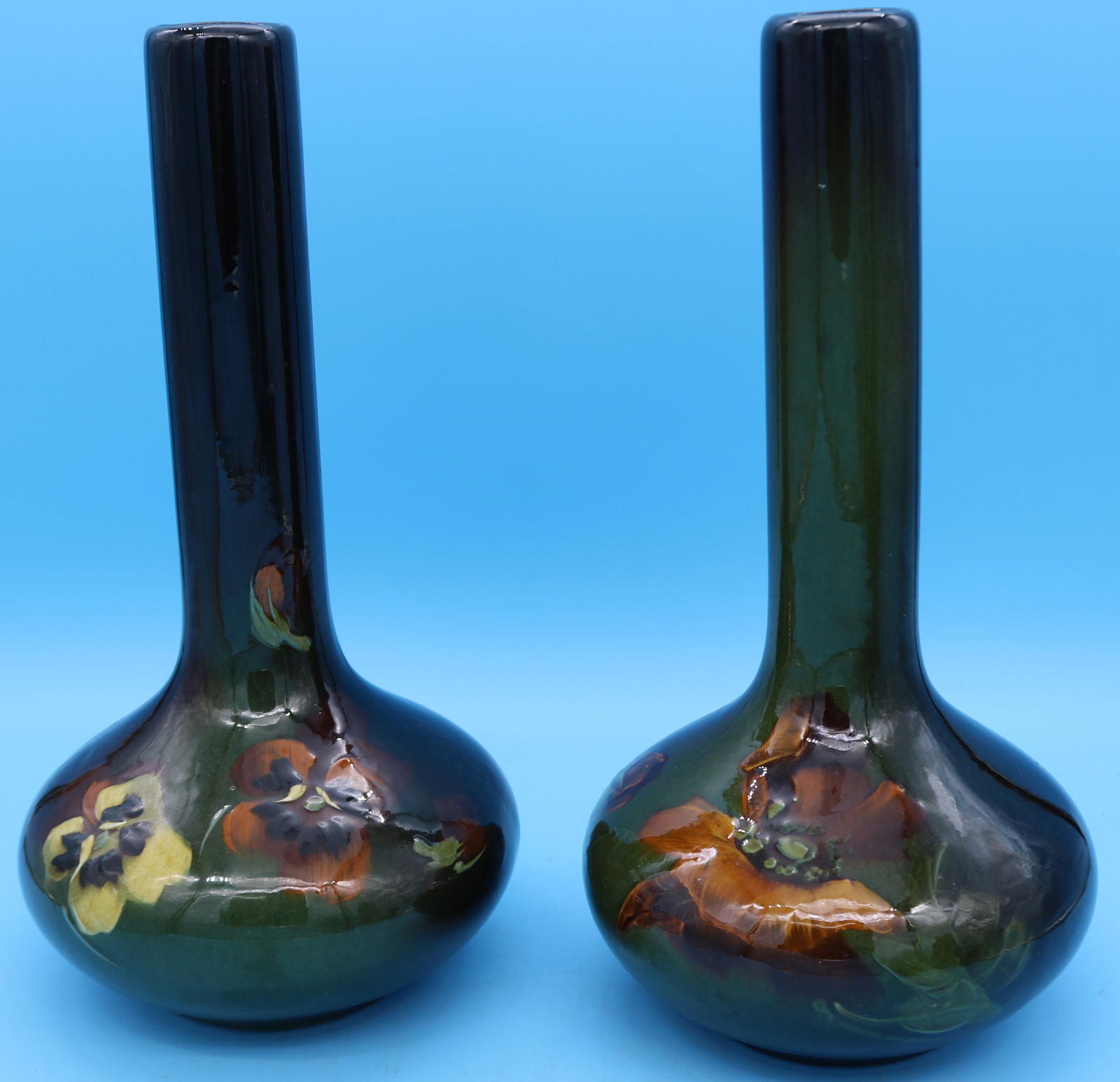 2 STANDARD GLAZE VASES, FLORAL DESIGNS, 13 1/2" (1 of 2)