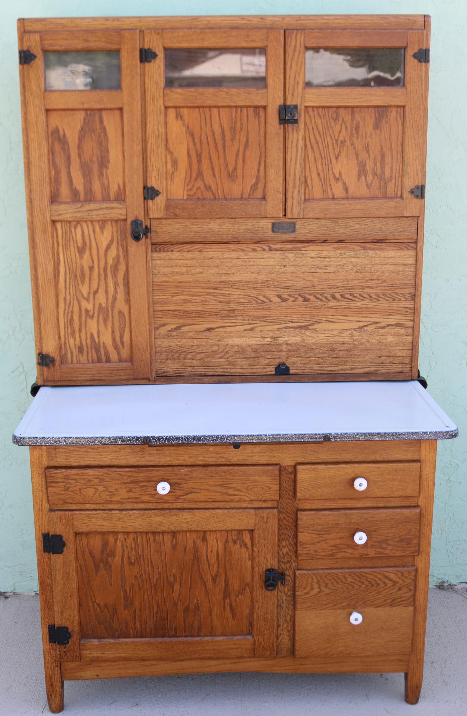 OAK SELLERS HOOSIER STYLE CABINET, TIN FLOUR (1 of 2)