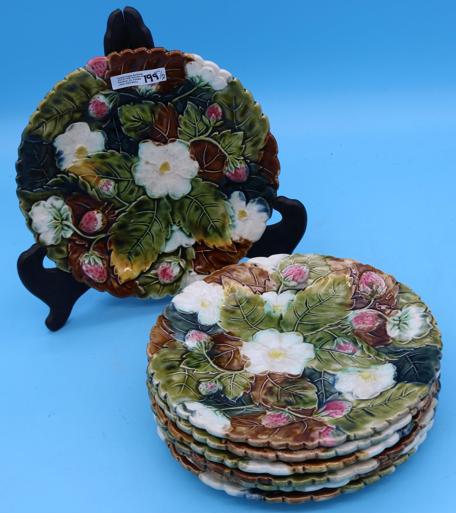 7 MAJOLICA PLATES, 8 5/8" DIA., LEAF, STRAWBERRY, (1 of 2)