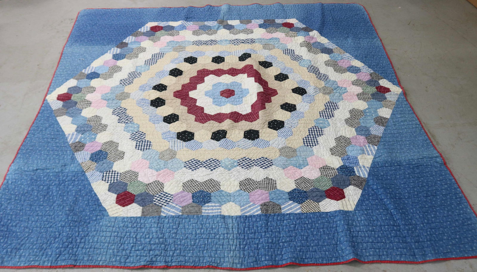 HANDMADE QUILT, HEXAGONAL BLOCK PATTERN, 73" X (1 of 2)