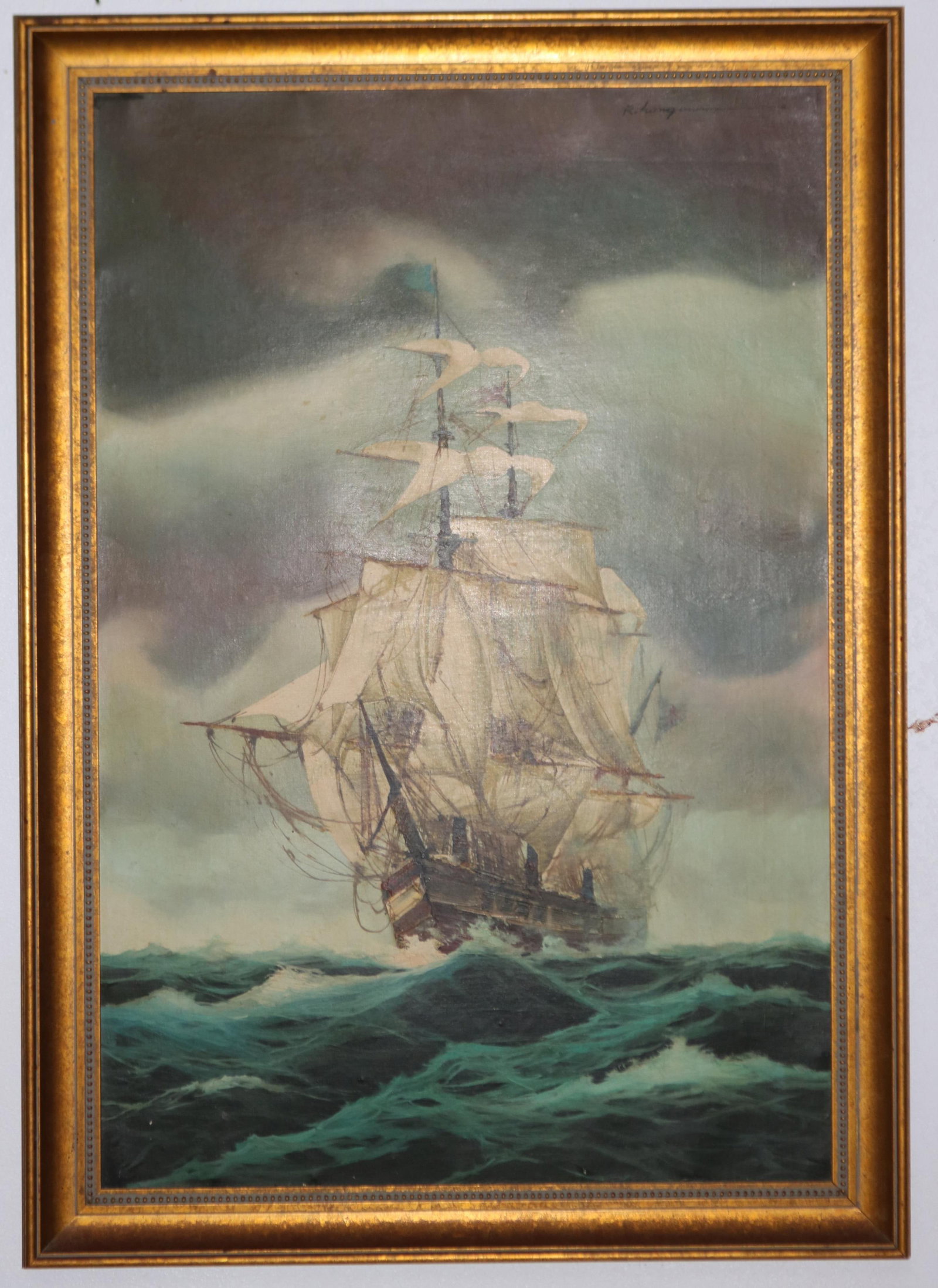 CONTEMPORARY OIL ON BOARD, SHIP UNDER SAIL SIGNED: R. LONGANINI?, 36" X 24 1/4" SIGHT, 40 3/4" X 29" OVERALL