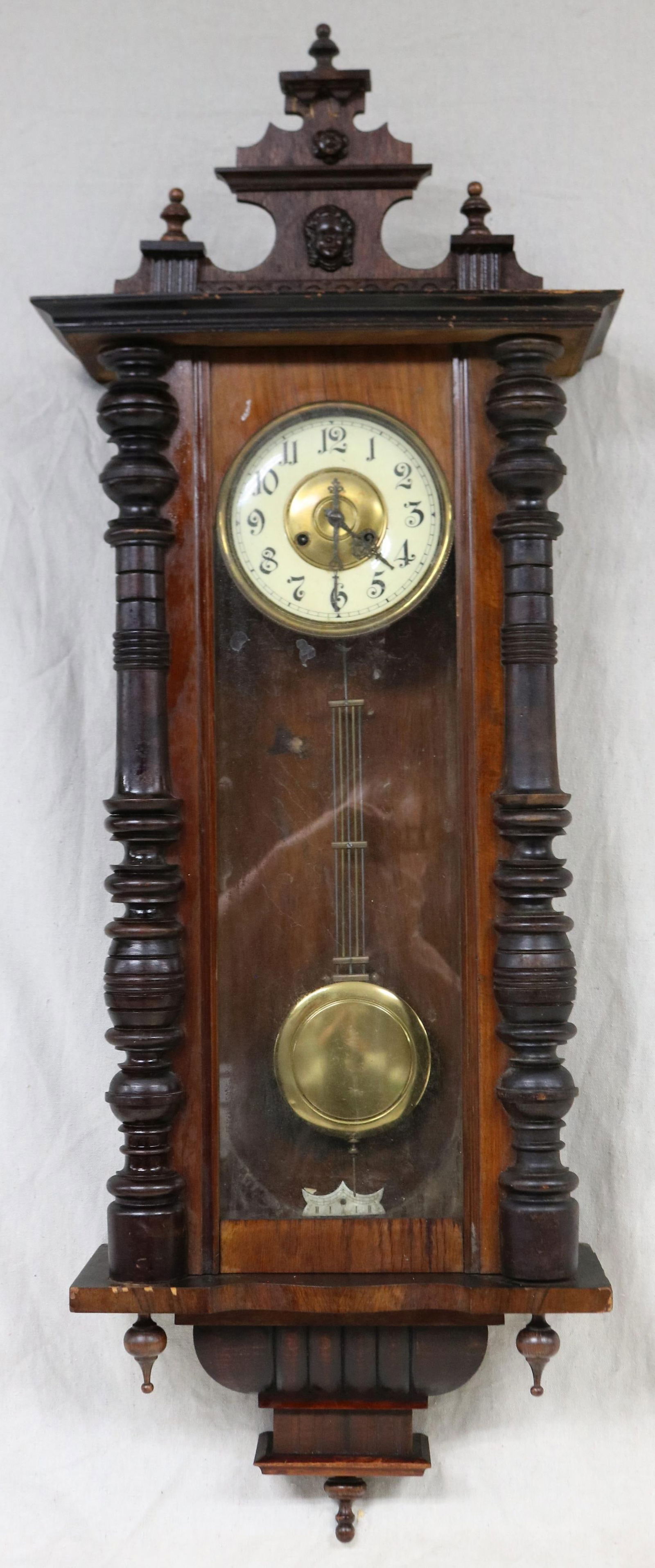 VICTORIAN GERMAN WALNUT WALL CLOCK, CREST WITH (1 of 3)
