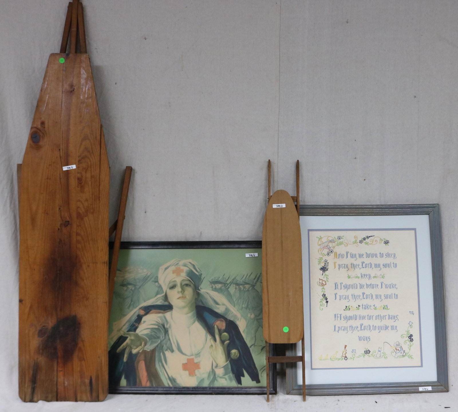 ON 4; WWI NURSING PRINT, 2 WOODEN IRONING BOARDS,: ADULT & CHILD SIZE, NEEDLEWORK PICTURE