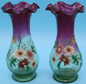 PAIR RUBINA VERDE ENAMELED RUFFLE TOP VASES, 10"