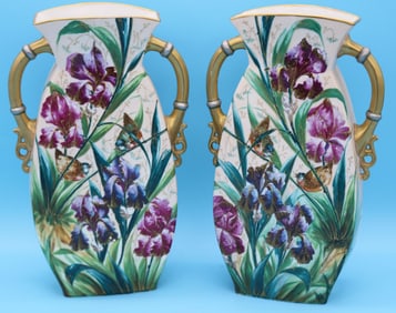 PAIR TALL VICTORIAN PORCELAIN HANDLED VASES,