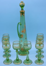 9 PCS. BLOWN & CUT DECANTER & 8 MATCHING GLASSES,