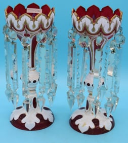 PAIR CRANBERRY CUT OVERLAY MANTLE LUSTRES, OPAQUE
