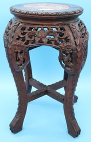 SMALL CARVED TEAK STAND WITH MARBLE TOP, ORIGINAL