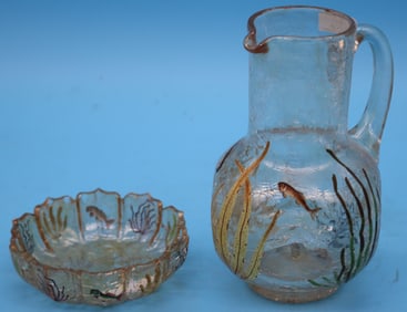 2 ENAMELED CRACKLE GLASS PCS. WITH FISH & SEAWEED