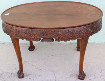 CUSTOM MAHOGANY OVAL LIBRARY TABLE, ORNATELY