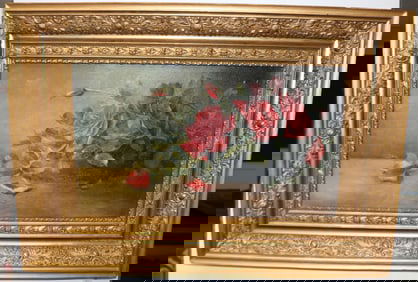 STILL LIFE ON BOARD, ROSES, ORNATE GESSO FRAME,