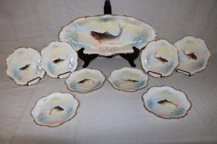 LIMOGES 9 PIECE FISH SET, HAND PAINTED, ARTIST