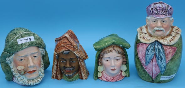 4 FIGURAL HUMIDORS, MAJOLICA, FISHERMAN 6 1/4" H,