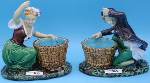2 MINTON MAJOLICA FIGURAL PLANTERS, KNEELING BOY