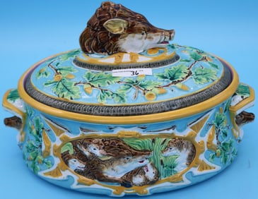GEORGE JONES MAJOLICA COVERED TUREEN, BOARS HEAD