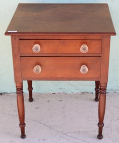 19TH C. TWO DRAWER WORK TABLE, GLASS KNOBS,