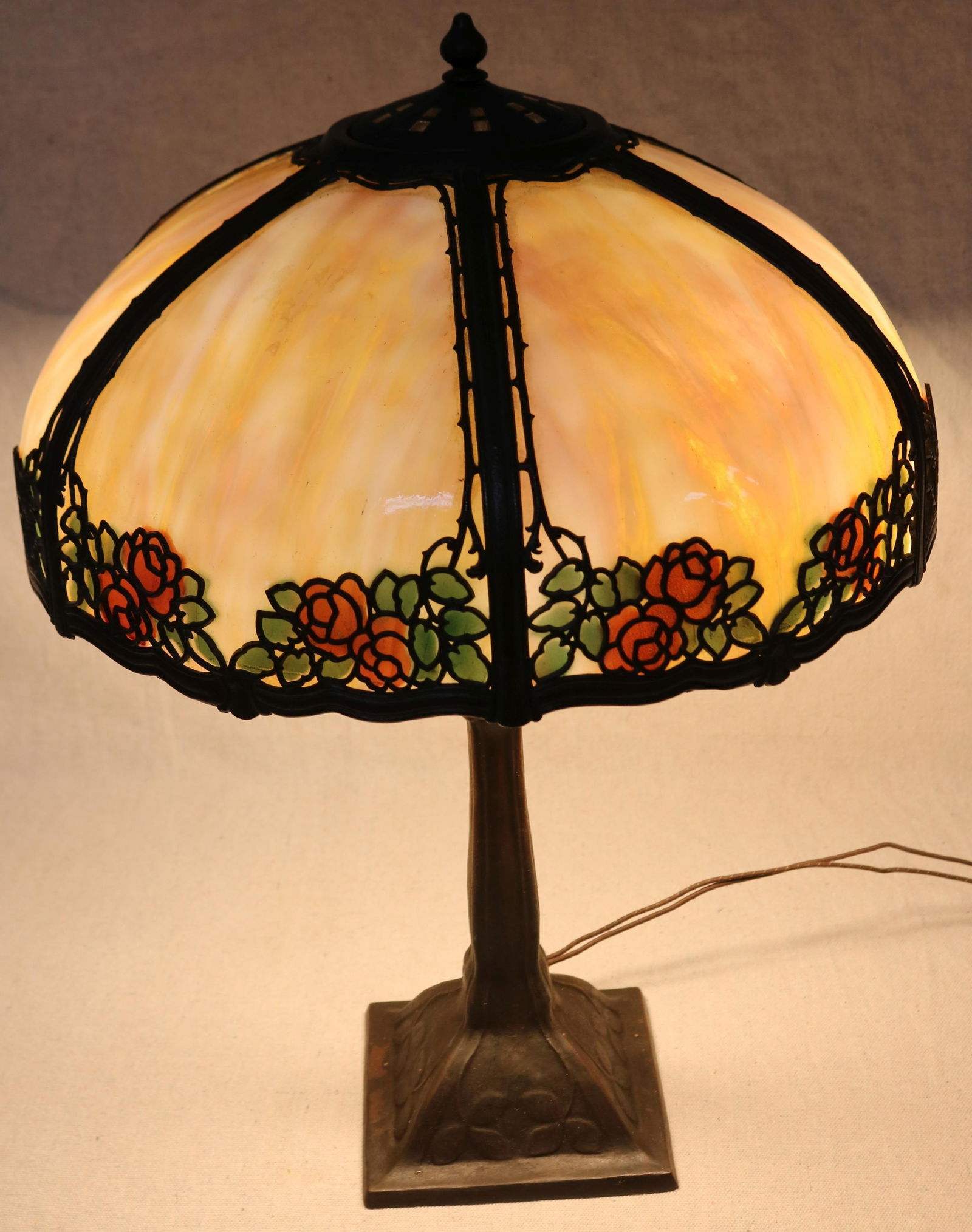 SIGNED HANDEL LAMP, CARMEL SLAG SHADE, SIGNED (1 of 5)
