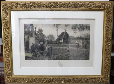 FRAMED 19TH C. ENGRAVING, FARM LIFE SCENE,