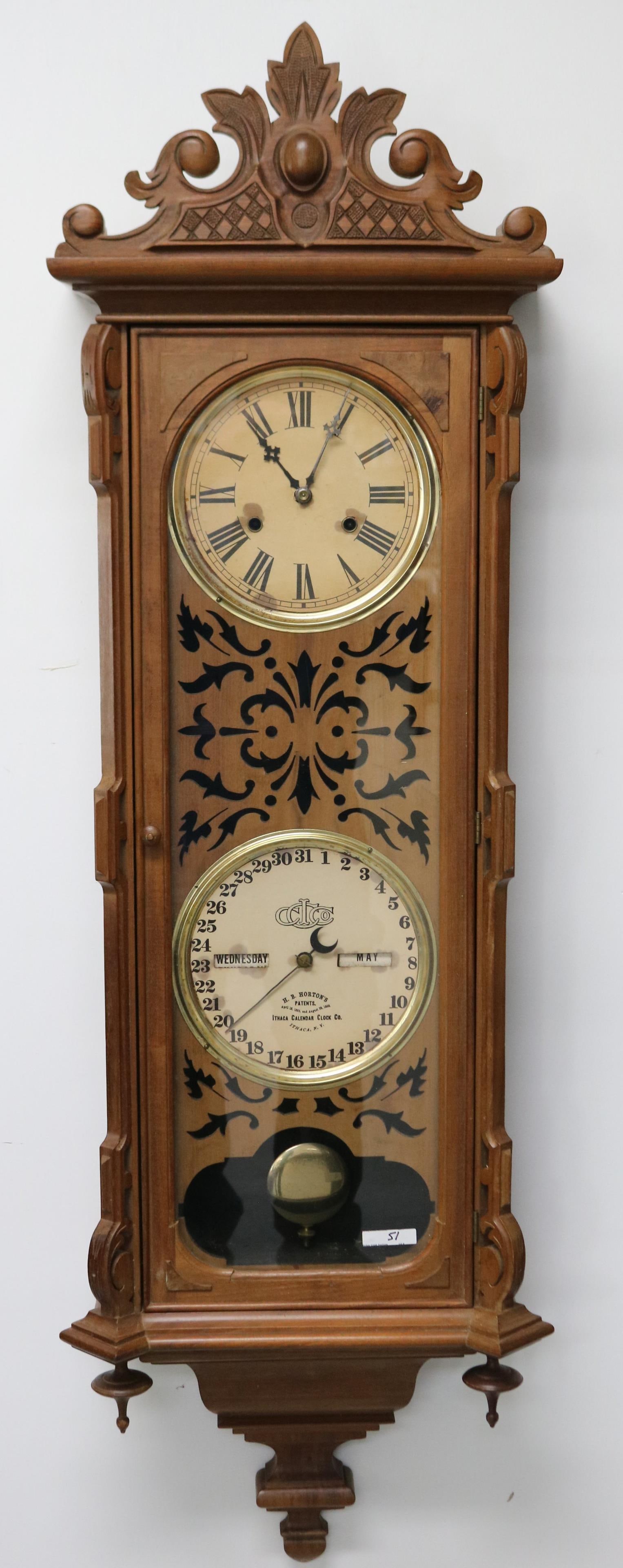 ITHACA DOUBLE DIAL CALENDAR WALL CLOCK, RESTORED (1 of 6)
