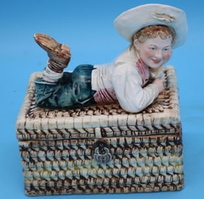 MAJOLICA COVERED BOX WITH YOUNG BOY FINIAL,