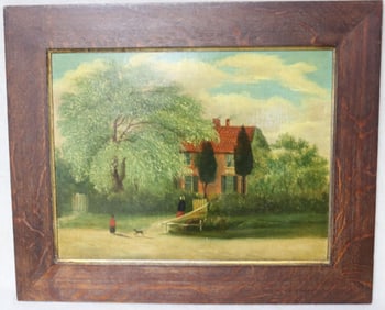 19TH C. OIL ON CANVAS, PRIMITIVE SCENE WITH