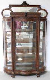 ORNATE VICTORIAN OAK CHINA CLOSET, CARVED BACK