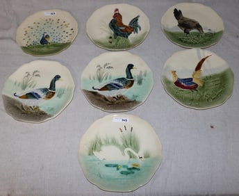 7 FRENCH MAJOLICA PLATES WITH BIRD MOTIFS, 8 3/4"