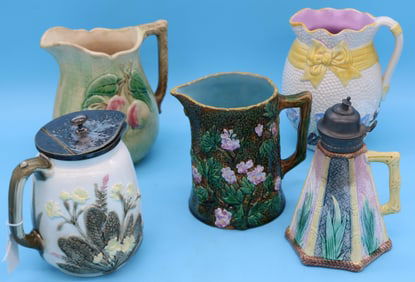 5 HANDLED MAJOLICA PITCHERS & SYRUP, ETRUSCAN