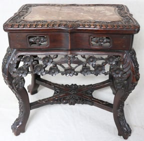 SMALL RECTANGULAR CARVED TEAK STAND WITH MARBLE