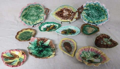 TWELVE 19TH C. MAJOLICA LEAF PLATES, INCLUDING 2
