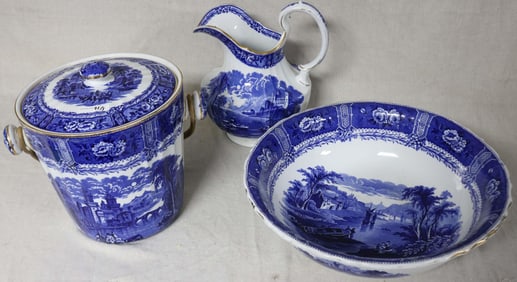 3 PCS. FLO BLUE, COVERED WASTE JAR, CAULDON,