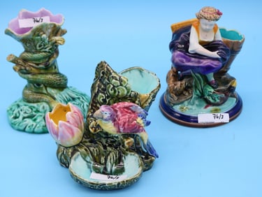 3 MAJOLICA VASES, SNAKE & STUMP 6" H, BIRD 5 1/2"