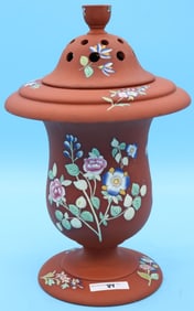19TH C. REDWARE BULB POT, ENAMELED FLORAL &