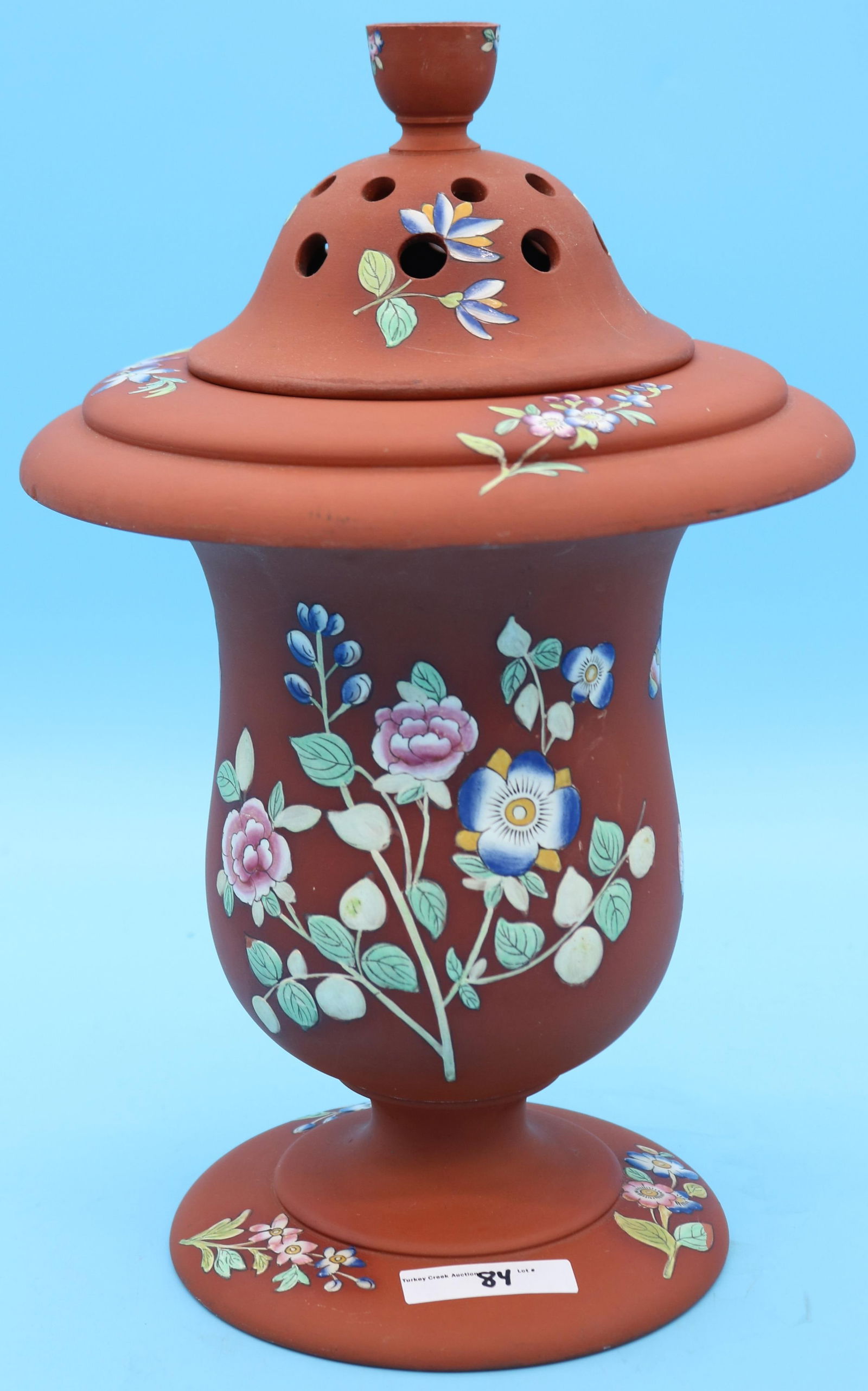 19TH C. REDWARE BULB POT, ENAMELED FLORAL &: BUTTERFLY DESIGN, PROBABLY WEDGWOOD, 13" H, 8 1/2" DIA., MINOR FLAKE