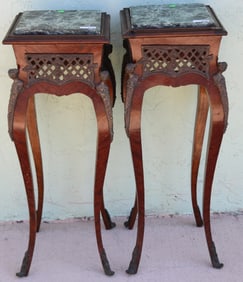 PAIR FRENCH STYLE STANDS, MARBLE TOPS, BRASS