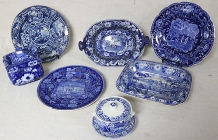 7 PCS. EARLY STAFFORDSHIRE BLUE TRANSFER, OPEN