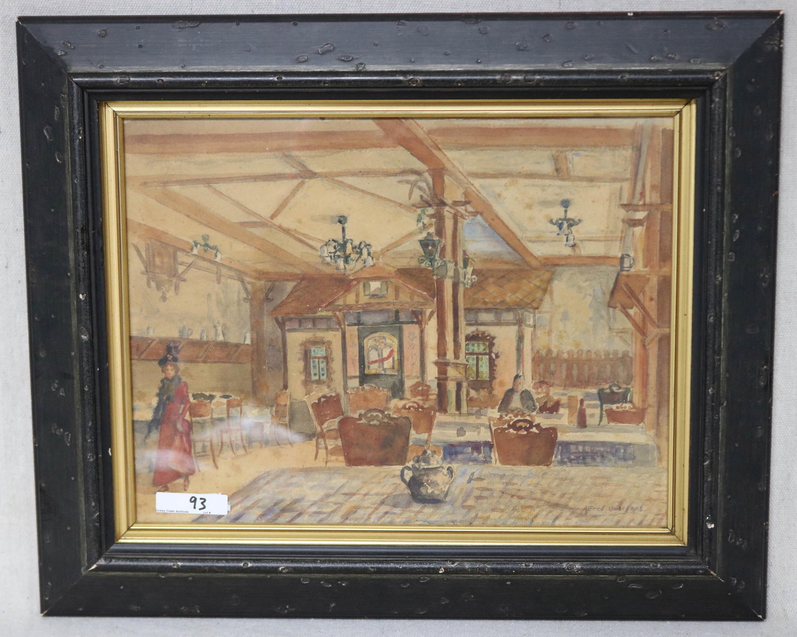 ALFRED JUERGENS, 1866-1834, CHICAGO ILL.: WATERCOLOR INTERIOR ESTATE OF EAGLES NEST ANTIQUES, 9 3/4" X 12 3/4" SIGHT, 14 1/2" X 17 1/2" OVERALL