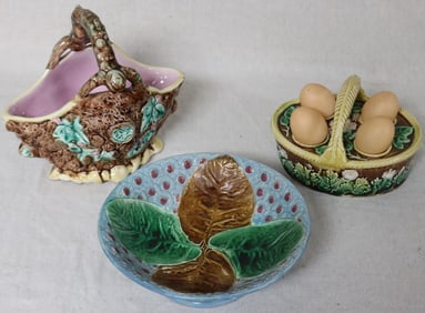 THREE 19TH C. MAJOLICA ITEMS, HANDLED BASKET TREE