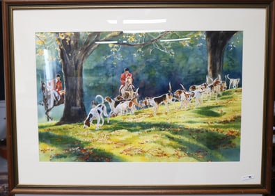 FRAMED & GLAZED WATER COLOR, FOX HUNTING SCENE,
